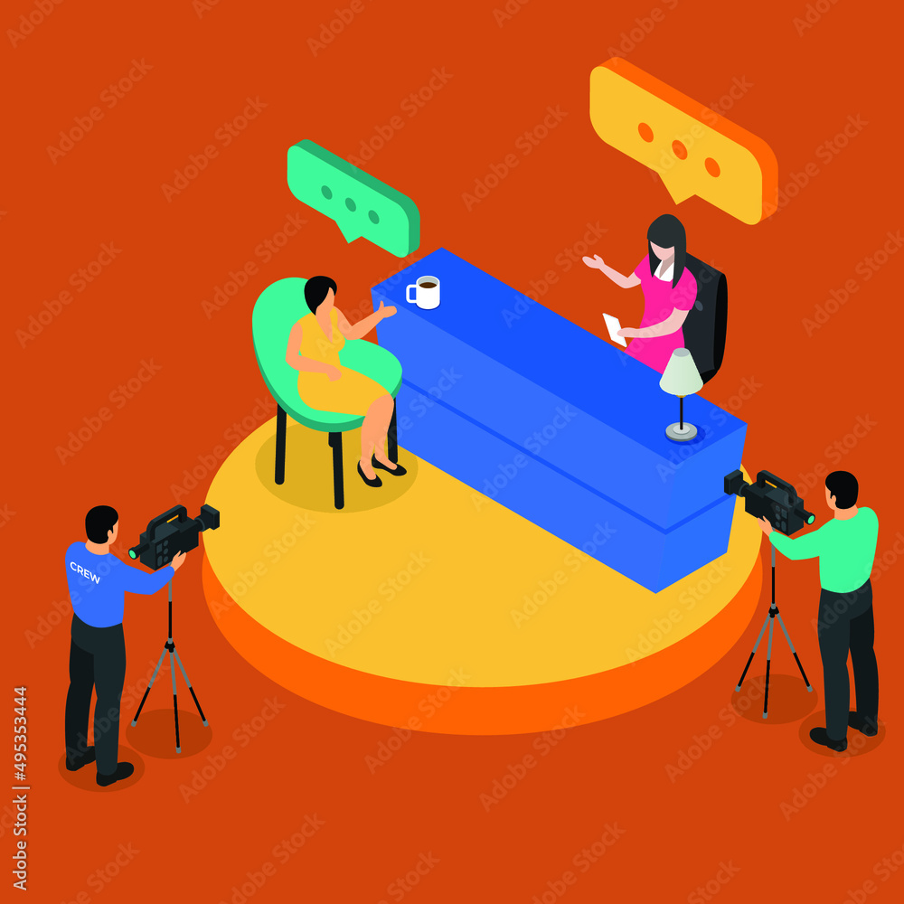 Fototapeta premium TV talk show production isometric 3d vector illustration for banner, website, illustration, landing page, template, etc