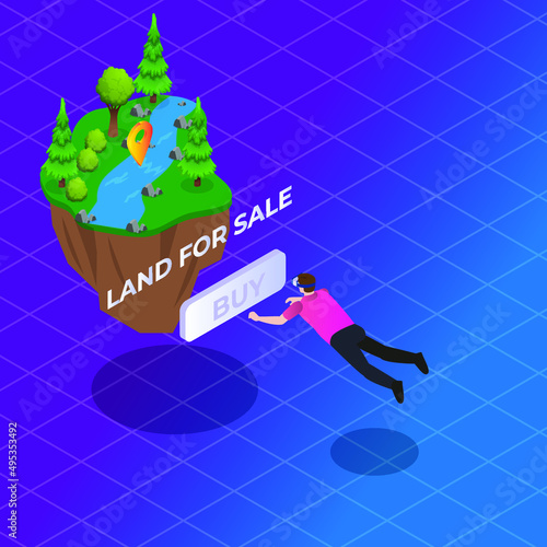 Man using VR glasses floating in metaverse buying land isometric 3d vector illustration for banner, website, illustration, landing page, template, etc
