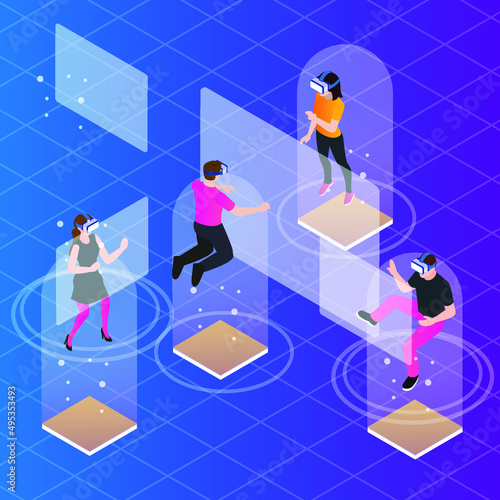 Young people wearing VR glasses floating in metaverse space isometric 3d vector illustration for banner, website, illustration, landing page, template, etc