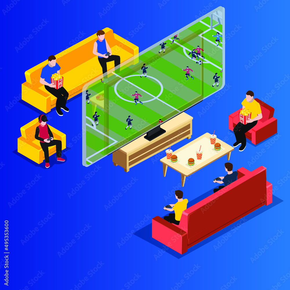 Teens playing online soccer game on tv isometric 3d vector illustration for banner, website, illustration, landing page, template, etc Teens playing online soccer game on tv isometric 3d vector illustration for banner, website, illustration, landing page, template, etc