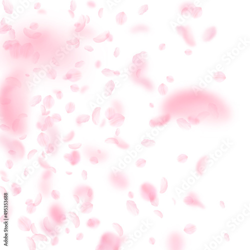 Sakura petals falling down. Romantic pink flowers gradient. Flying petals on white square background. Love, romance concept. Breathtaking wedding invitation.