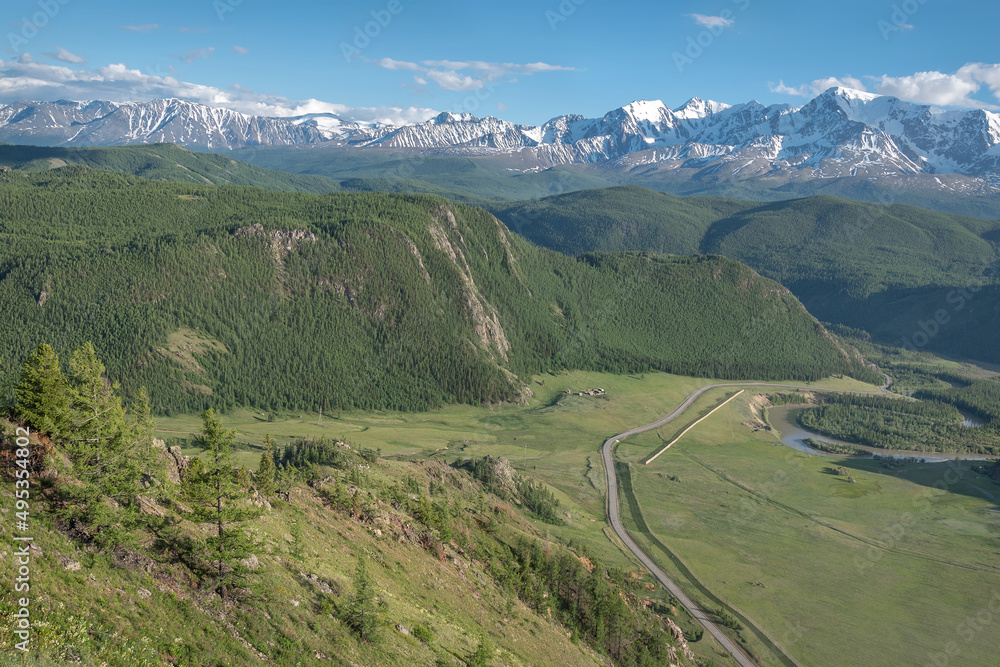 Naklejka premium mountains river road forest sky summer