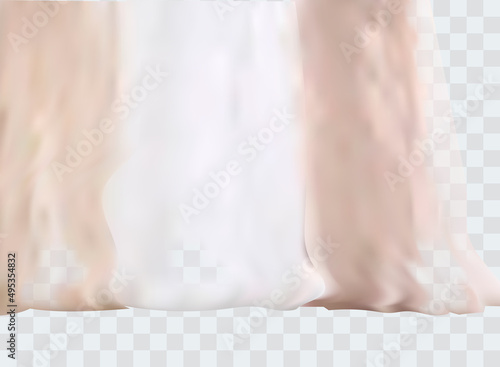 White lightweight fabric curtain fluttering realistic vector illustration mock up. Shower or window fabric on a curtain rod template.
