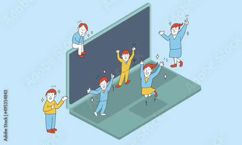 ノートパソコンの周りで喜ぶ学生たちのイラスト オンラインでの合格発表し喜ぶ中学生・高校生