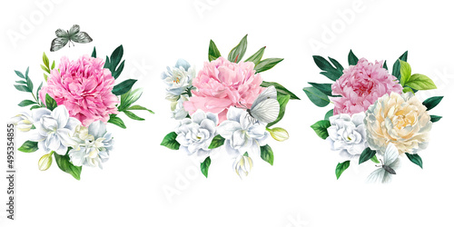 Fototapeta Naklejka Na Ścianę i Meble -  Three lush peonies bouquets, hand drawn vector