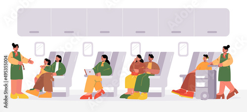 Airplane cabin with passengers on seats and stewardesses in aisle. Vector flat illustration of plane salon interior with people sitting in chairs, air hostess serving food and woman show safety belt