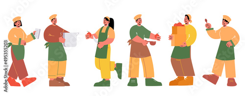 Chef and kitchen workers, restaurant or cafe staff. Vector flat illustration of professional cooks team, women and men in hat and apron with cooker pot, menu, knife, spoon and vegetables