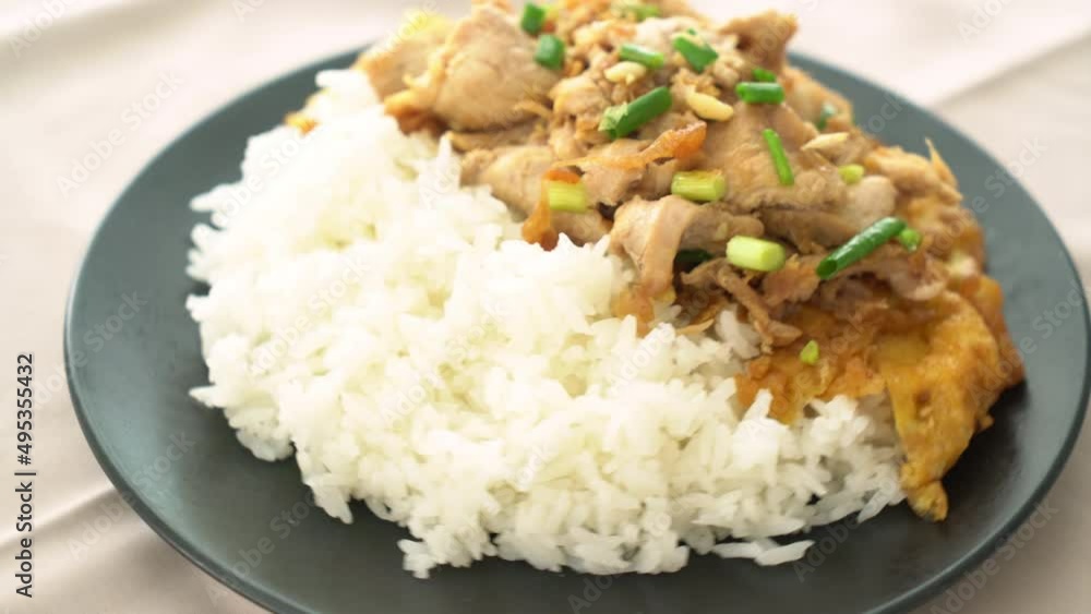 stir-fried pork with garlic and egg topped on rice - Asian food style stir-fried pork with garlic and egg topped on rice - Asian food style