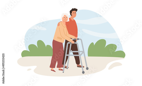 A caregiver and old age woman with walker outdoors. Assisted living concept. Volunteer helping elderly lady. Scene of social worker walking with senior person in nature. Vector flat illustration.