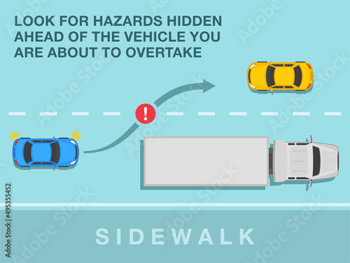 Safety driving and traffic regulation rules. Blue sedan car is passing the truck. Look for hazards hidden ahead of the vehicle you are about to overtake. Flat vector illustration template. photo