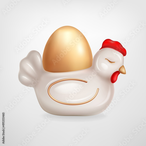 Realistic vector illustration of ceramic egg stand cute chicken figurine isolated on a white background. Painted Golden Easter egg. Design element for Easter greeting card