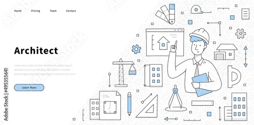 Architect banner with man engineer in helmet and icons of construction industry. Vector landing page of architecture works with doodle illustration of person, house project, measure tools, crane