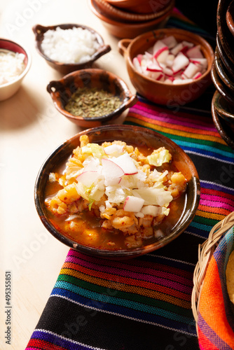 Pozole Rojo. Traditional mexican stew very popular in mexico and neighboring countries. Made from cacahuazintle with meat and various other ingredients depending on the region. photo