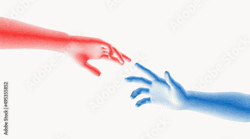 Hands reaching towards each other. Concept of human relation, togetherness or  partnership. 3D vector illustration. Design for banner, flyer, poster, cover or brochure.