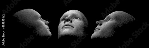 Three faces are looking at something. Technology and robotics concept. 3D vector illustration.