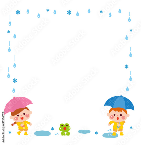 雨の日の子どもたちのフレーム素材