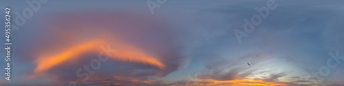 Panorama of a dark blue sunset sky with pink Cumulus clouds. Seamless hdr 360 panorama in spherical equiangular format. Full zenith for 3D visualization, sky replacement for aerial drone panoramas. © panophotograph