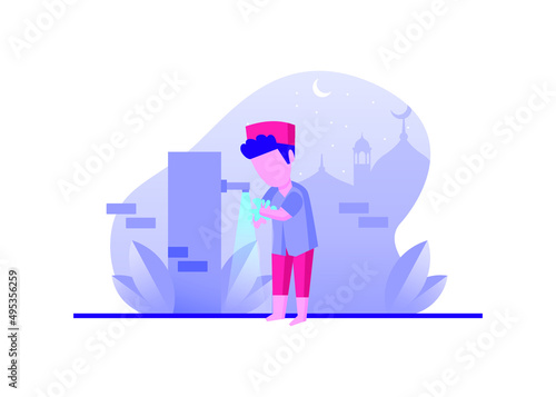 Muslim Man Doing Wudhu Ablution, Washing Hands, Rinsing, Washing Face, Ears, and Feet Flat Illustration Vector Isolated. Suitable for Poster, Landing Page, UI, Mobile Apps, ang Website.