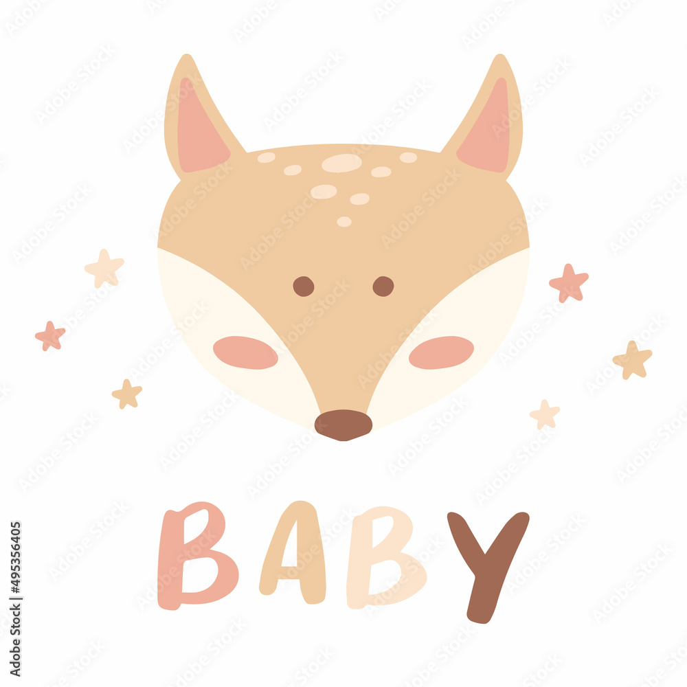 Fototapeta premium Childish hand drawn illustration with cute fox and stars. In children's boho style. Postcard for the birth of a baby.