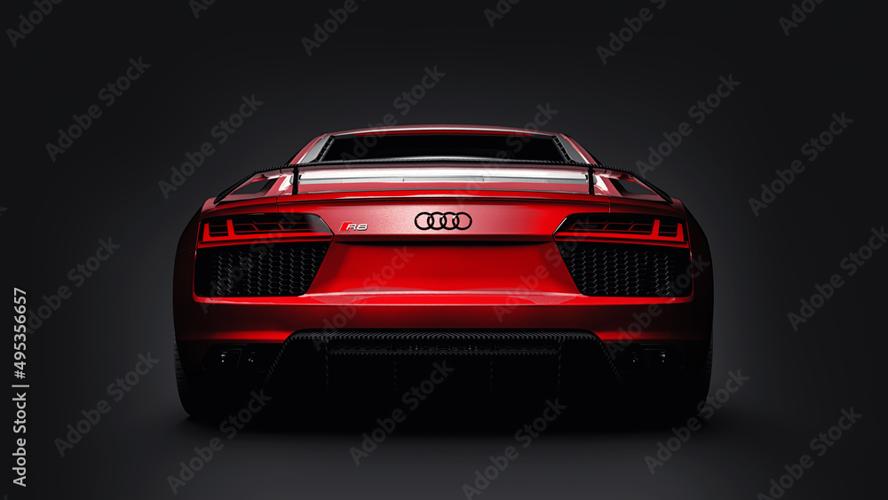 Paris, France. May 11, 2021: Audi R8 V10 Quattro 2016 red luxury stylish  super sport car on black background. 3d rendering. Stock Illustration |  Adobe Stock