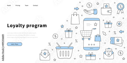 Loyalty program banner with doodle gift boxes, mobile phone, shopping cart, discount card and stars. Vector landing page of customer reward, exclusive benefit and bonus for vip members