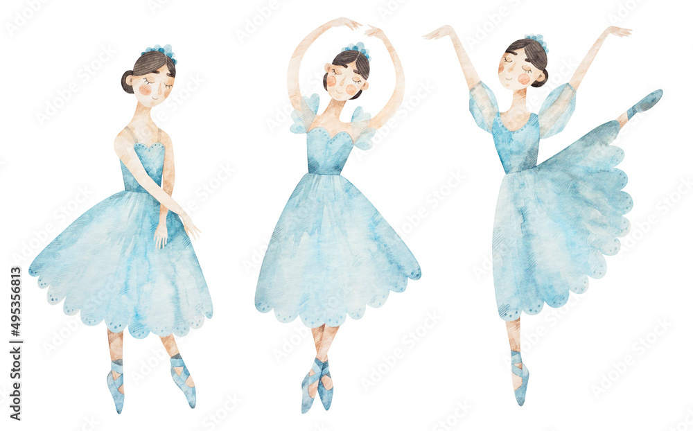 Illustration of three ballerinas in blue dresses. Watercolor hand-drawn picture of three dancing girls
 - obrazy, fototapety, plakaty 