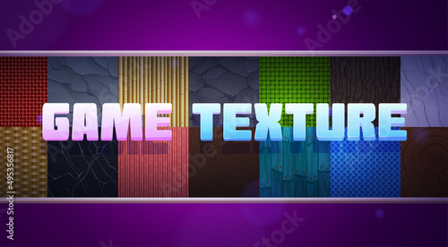 Game texture collection with seamless patterns of woven fabric, stones, leather, bamboo, roof tile and marble. Vector cartoon background set of knit, rocks, animal skin and wood