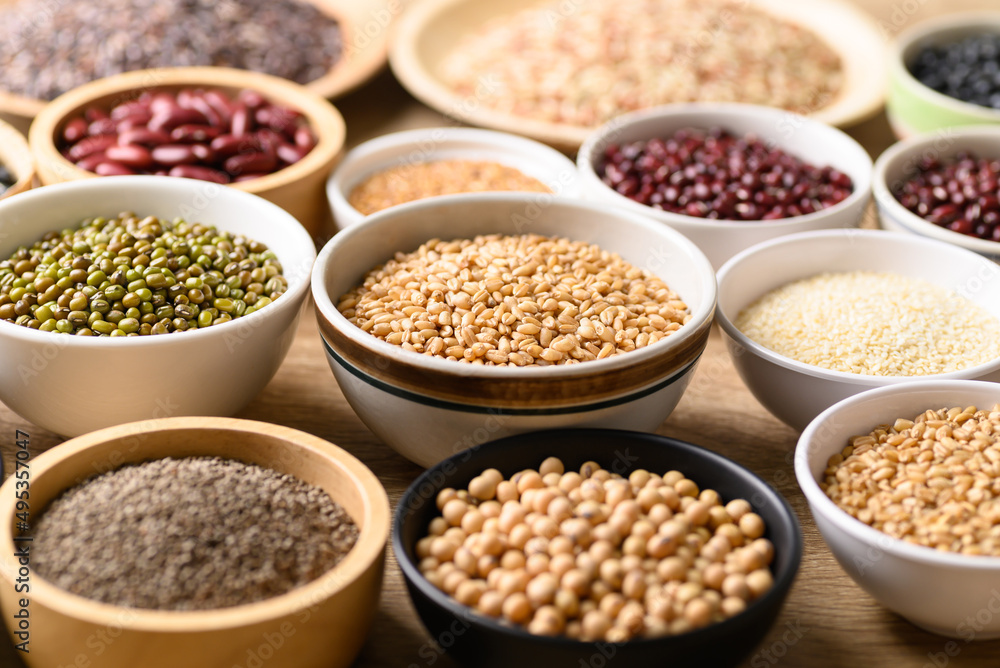 Various cereal, grain, bean, legume and seed in bowl, Food ingredients Various cereal, grain, bean, legume and seed in bowl, Food ingredients