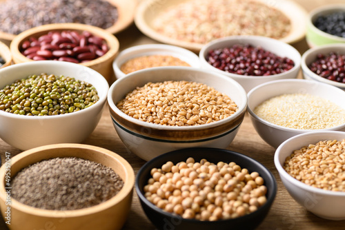 Various cereal, grain, bean, legume and seed in bowl, Food ingredients