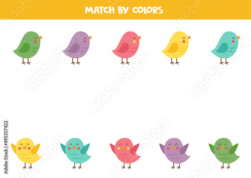 Color matching game for preschool kids. Match birds by colors.