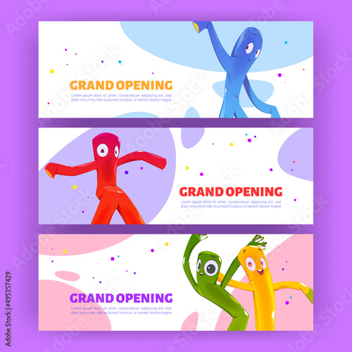 Grand opening posters with dancing inflatable tube men. Vector horizontal banners of event launch or shop open ceremony with cartoon funny air dancers with blowing wind