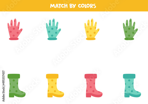 Color matching game for preschool kids. Match boots and gloves by colors.