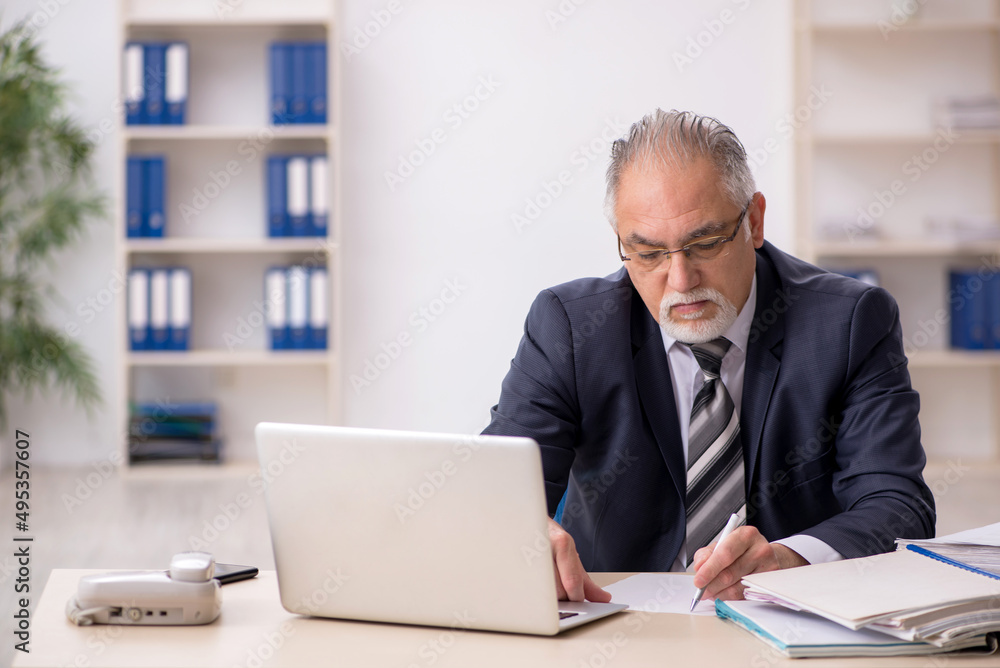 Old male employee working in the office Old male employee working in the office