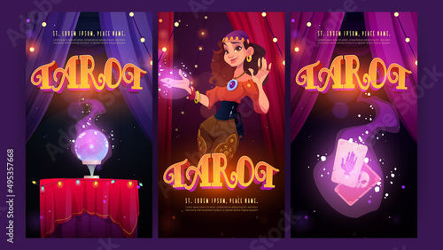 Tarot banners with gypsy fortune teller, ritual cards and magic ball. Vector posters of future predict, cartomancy with cartoon illustration of soothsayer and crystal sphere on table