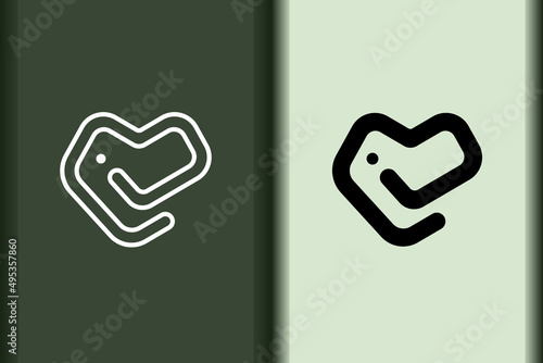 Vector of elephant logo design linear and silhouette icon minimal style. Creative simple animal on green background for business artwork. Modern flat icon elephant heart shape graphic illustration.