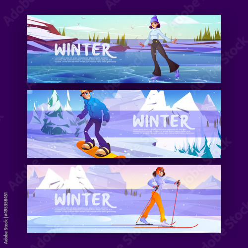 Winter posters with people rides on snowboard, ski and skate. Vector banners of season sport activities with cartoon illustration of snow landscape with skater on ice rink, skier and snowboarder