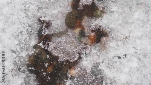 Water Flowing Through Frozen River During Winter Season. close up, overhead photo