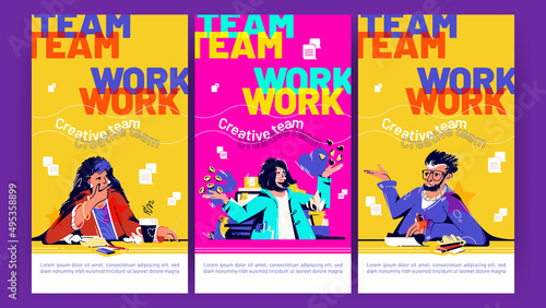 Teamwork posters with people meeting in office and talk together. Vector vertical banners of company workshop, creative team brainstorm with flat illustration of workers conversation