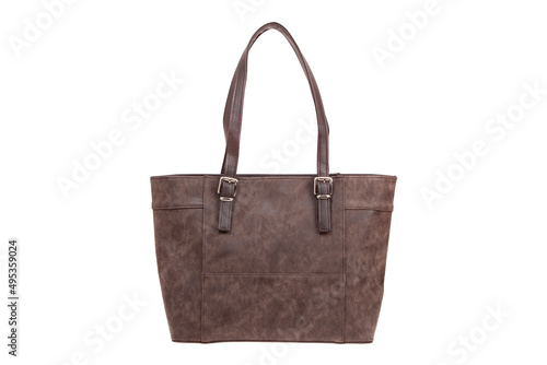 Brown, nubuck, leather elegant women bag. Fashionable female handbag, isolated