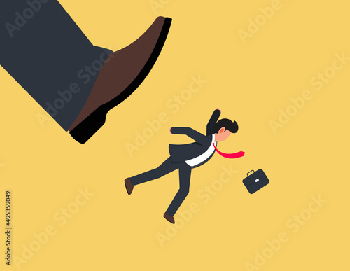 Bankruptcy and insolvency. businessman big foot kicking a little men.