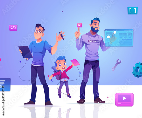 Graphic designer career development from kid to leader. Education in design school, professional work progress concept. Vector cartoon illustration of men and boy with graphic tablet