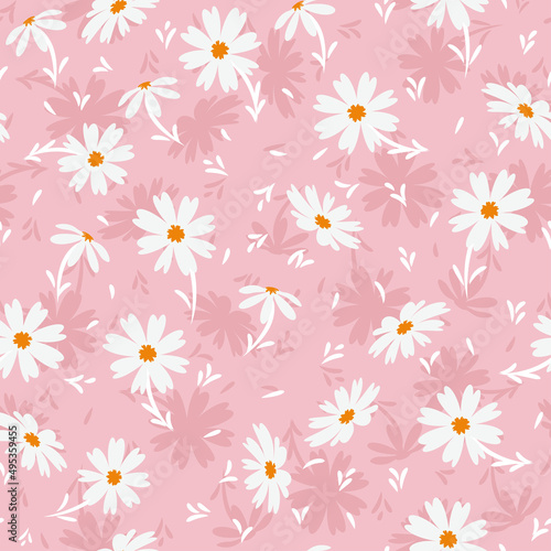 White doodle chamomile or daisy flowers isolated on pink background. Hand drawn floral seamless pattern vector illustration. Great for textile, paper, baby girl, fabric, gift wrap and more.