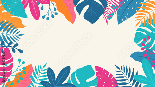 Abstract art nature background vector. Boho foliage botanical tropical leaves design for summer sale banner. Seasonal wallpaper background frame with copy space for text.