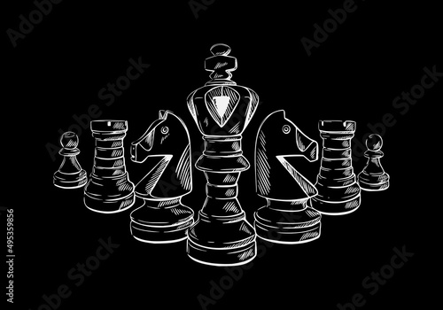 Chess pieces in sketch style on a black isolated background. . Hand-drawn vector illustration