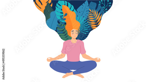 Woman meditating with mindfulness imagination in nature and leaves. Concept illustration for yoga, meditation, relax, recreation, healthy lifestyle. Vector illustration in flat cartoon style.