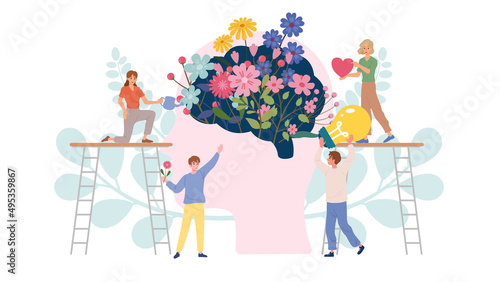 Teamwork of people recovery a brain with beautiful flowers and good heart and positive thinking. Concept for wellness of mental health and mindfulness in depression and mental illness photo