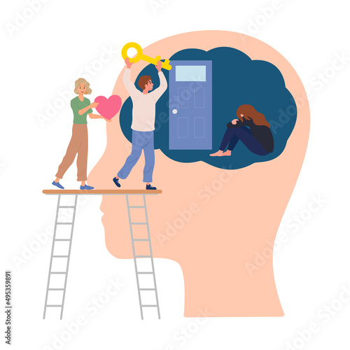 Friends helping each other recovery depression with key to solution from problem. Concept for wellness of mental health and mindfulness in depression and mental illness.