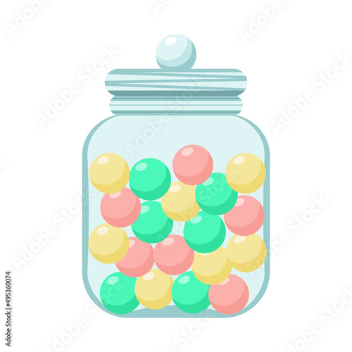 Round candy sweets in pot, colorful vector illustration