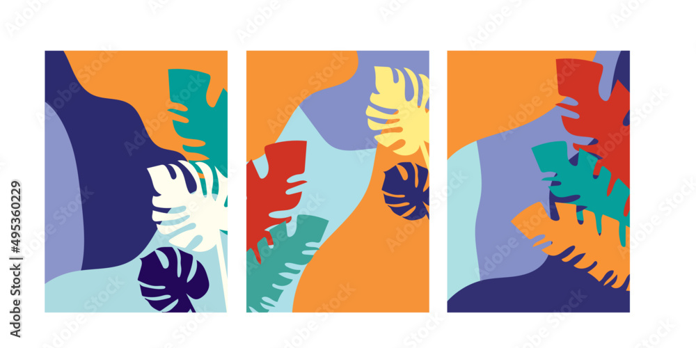 Collection of modern bright abstractions with monstera and palm leaves on a colored background Collection of modern bright abstractions with monstera and palm leaves on a colored background