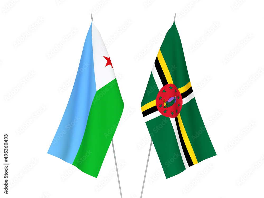 National fabric flags of Dominica and Republic of Djibouti isolated on white background. 3d rendering illustration. National fabric flags of Dominica and Republic of Djibouti isolated on white background. 3d rendering illustration.